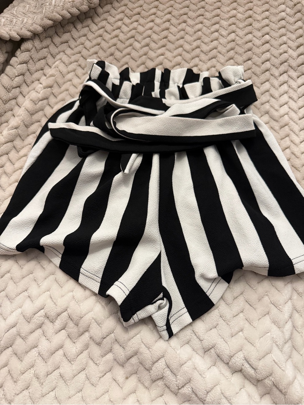 Striped Paperbag Waist Women’s Shorts - Black & White